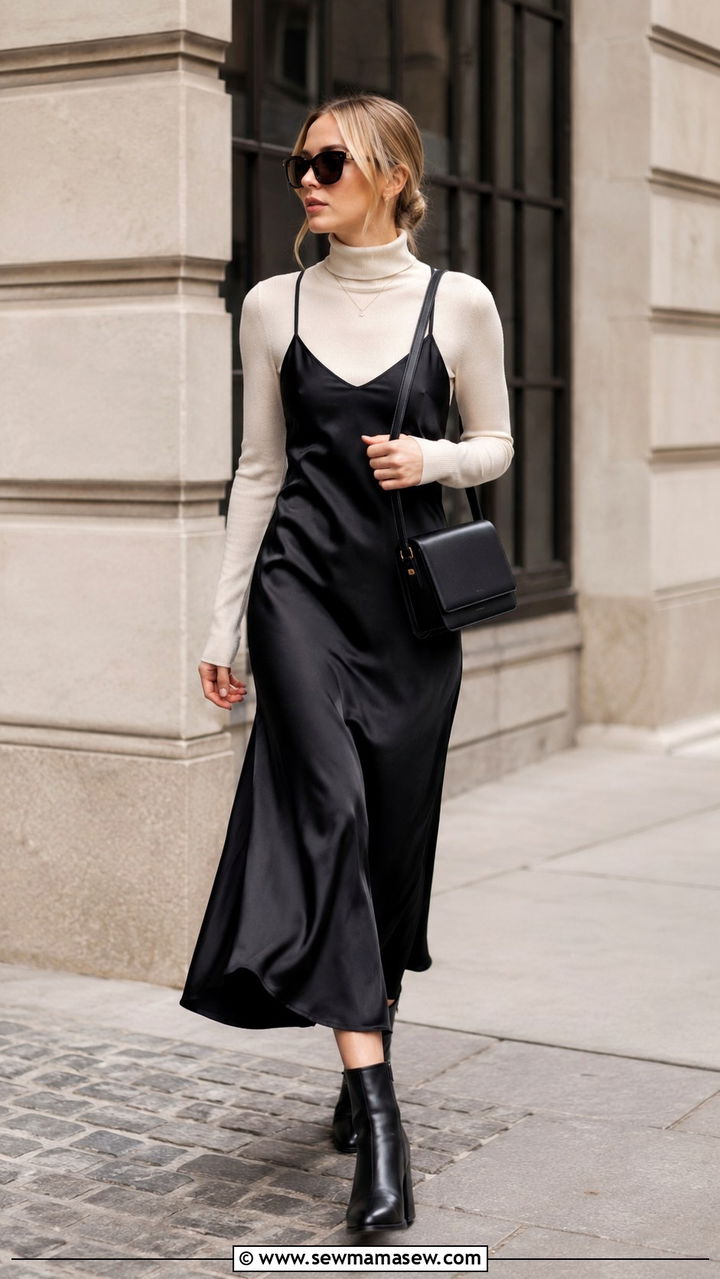Silk slip dress with turtleneck and ankle boots - 30 How to style a slip dress in spring