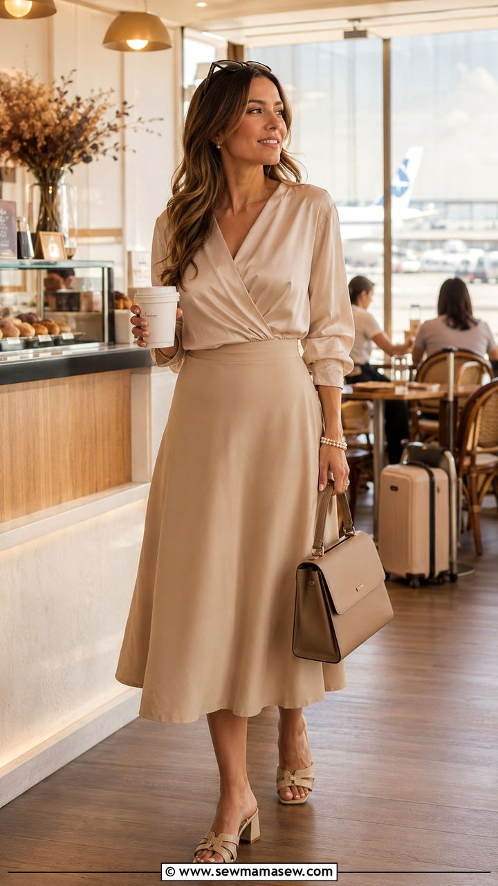 Silk wrap blouse with A line midi skirt and structured satchel - 30 Quiet luxury outfit ideas for airport