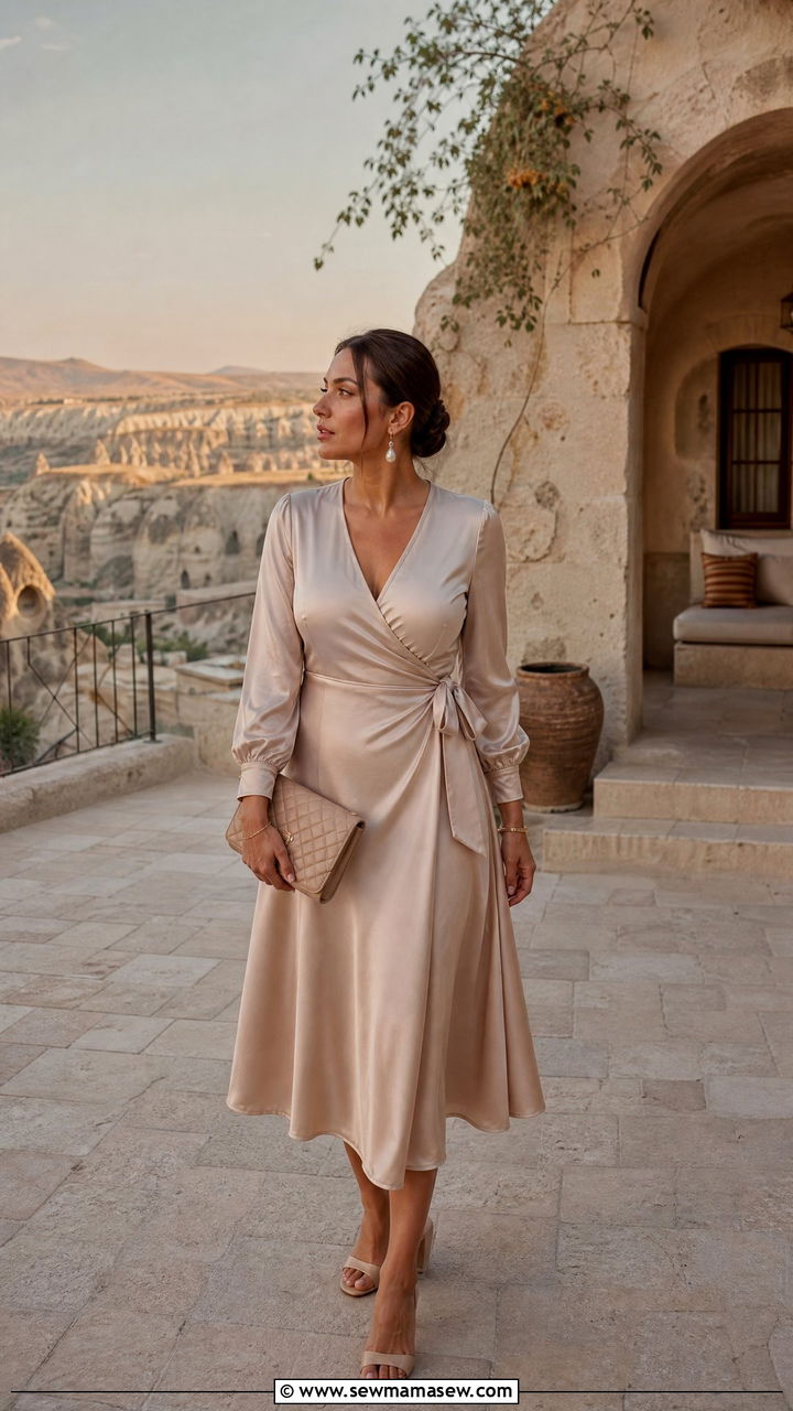 Silk wrap dress with block heel sandals Cappadocia - 25 Cappadocia outfit ideas