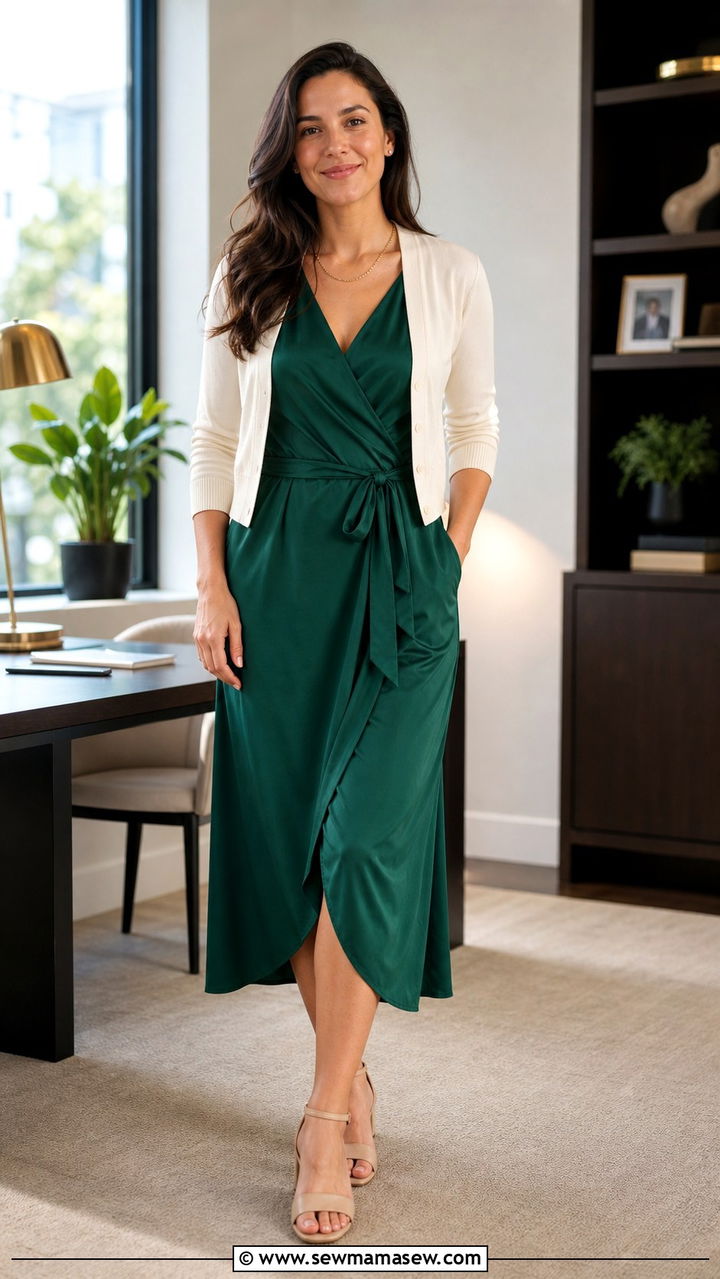 Silk wrap dress with cropped cardigan and low heels - 40 casual office outfits