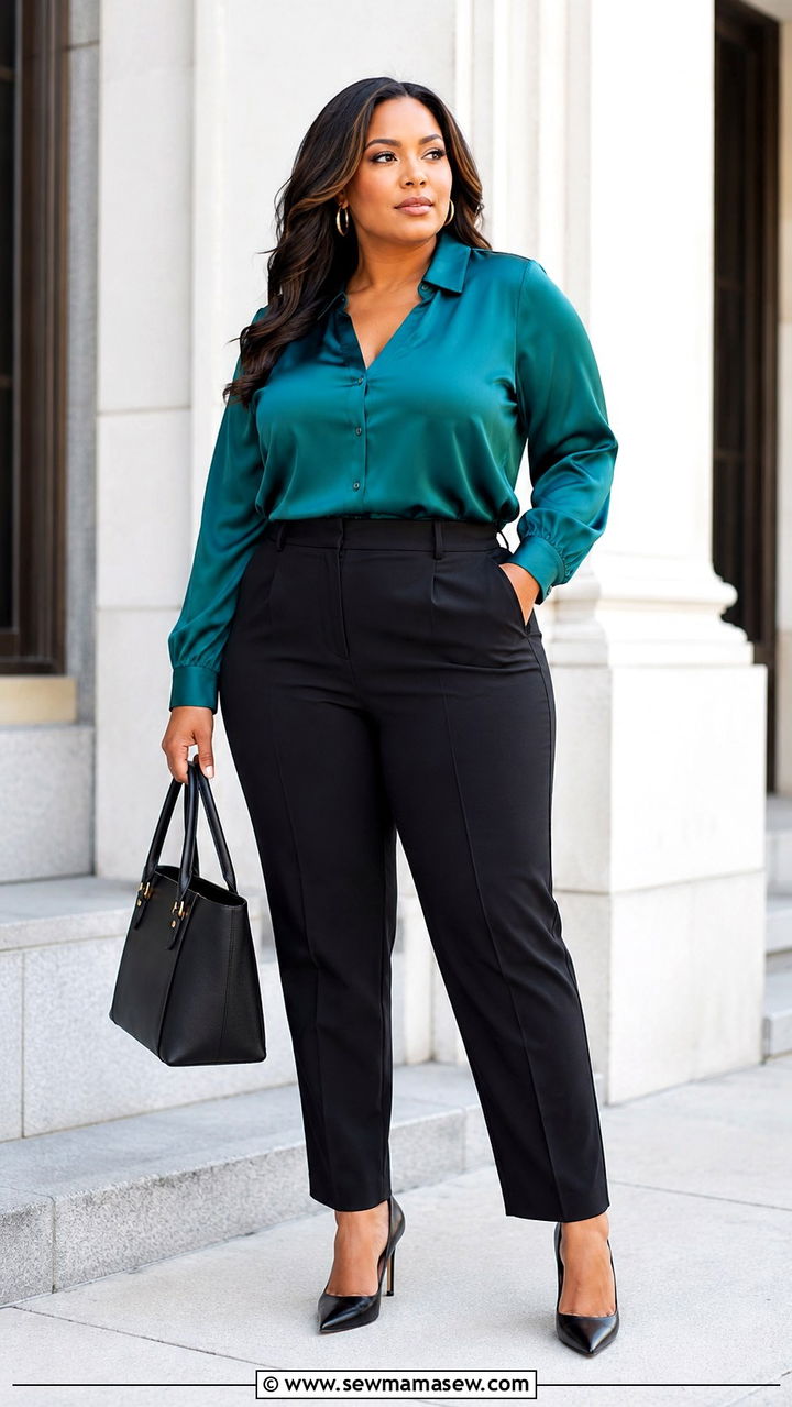 Silky Blouse With Tailored Trousers and Pointed Toe Heels - 20 Plus size outfit ideas size 18