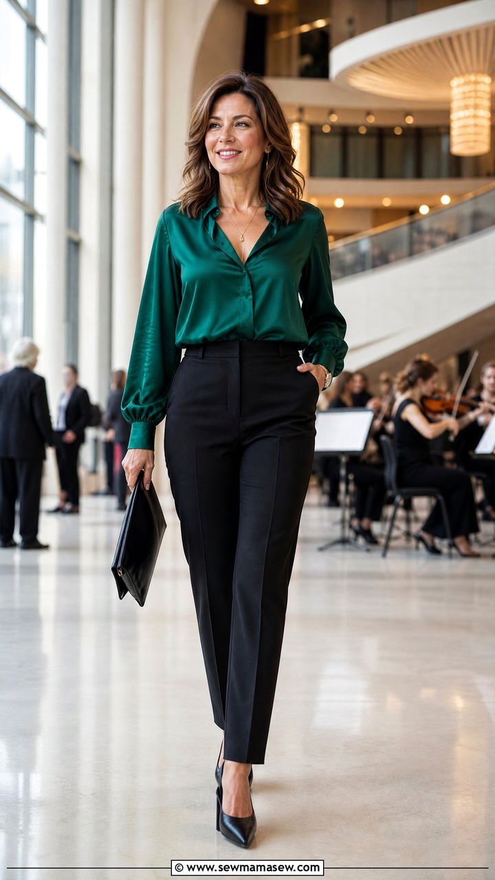 Silky Blouse with Tailored Trousers and Heels - 30 Concert outfit ideas for women over 40