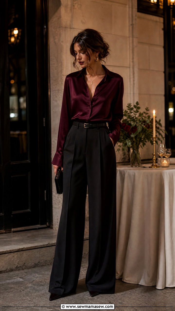 Silky Burgundy Blouse With High Waisted Wide Leg Trousers - 30 Dark romance outfit ideas