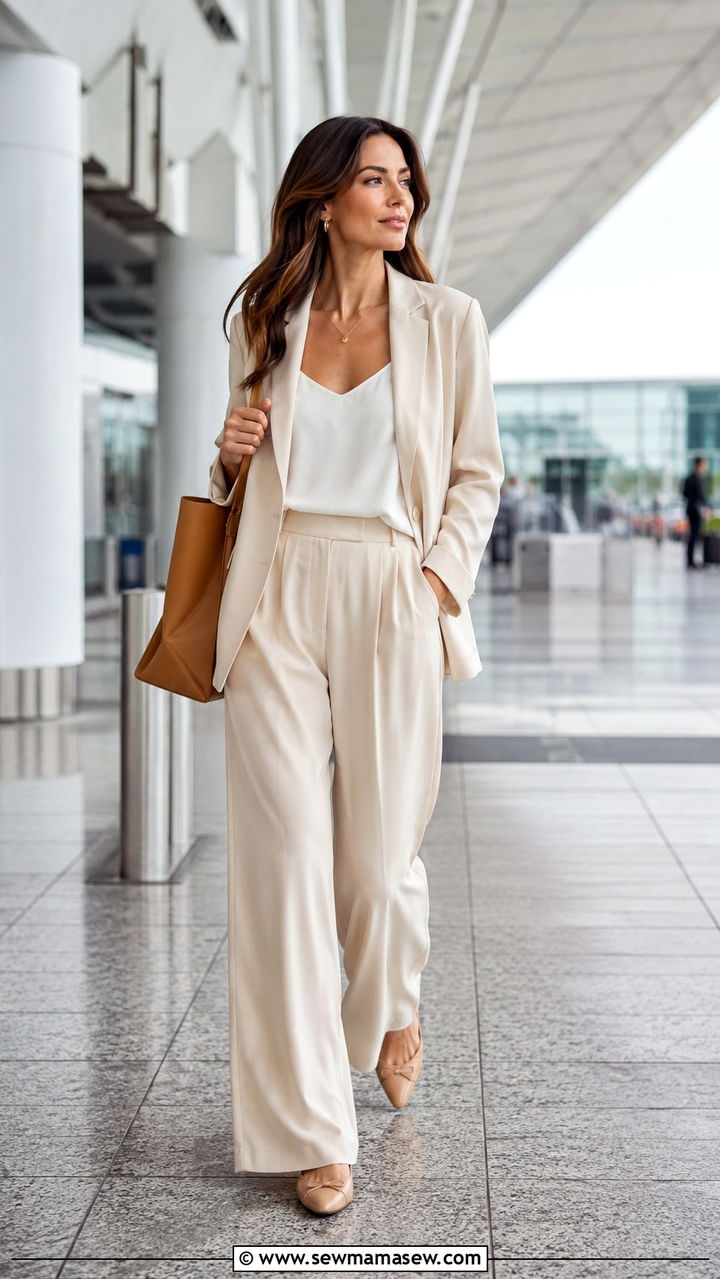 Silky trousers matching jacket airport suit - 30 LAX airport outfit ideas
