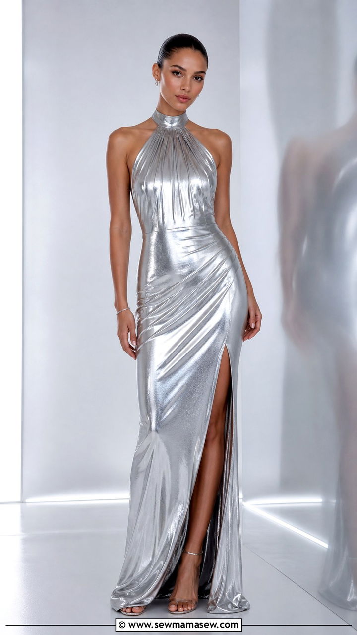 Silver Chrome Halter Metallic Gown With Sleek Bun - 40 Prom dress ideas