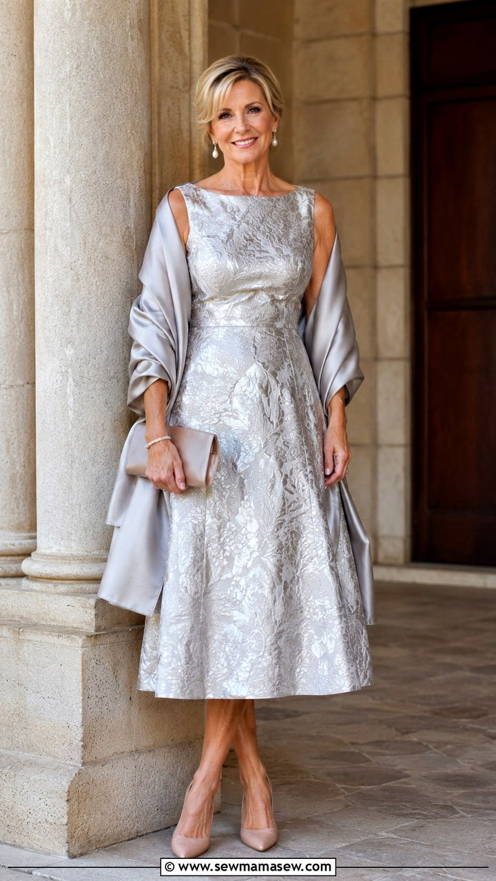 Silver Floral Jacquard Dress Wedding Guest - 25 Wedding guest outfit ideas for 50 year old