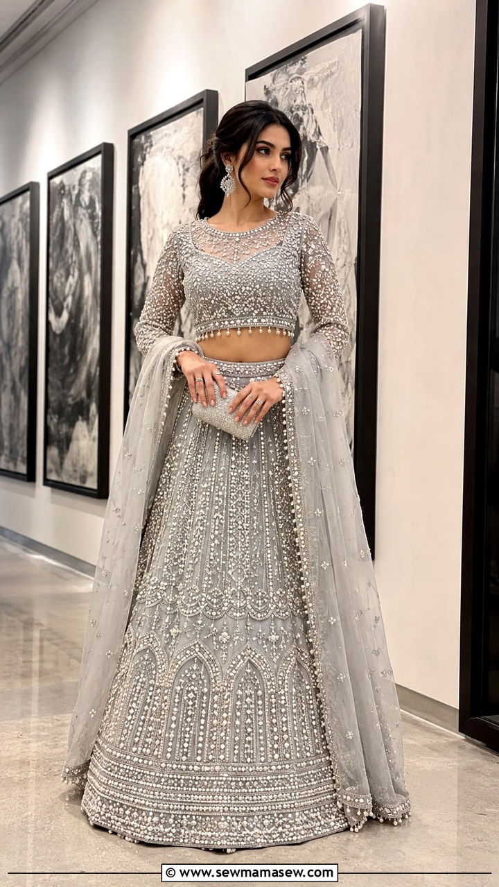 Silver Grey Lehenga With Crystal And Pearl Work - 25 Modest outfit ideas for Walima