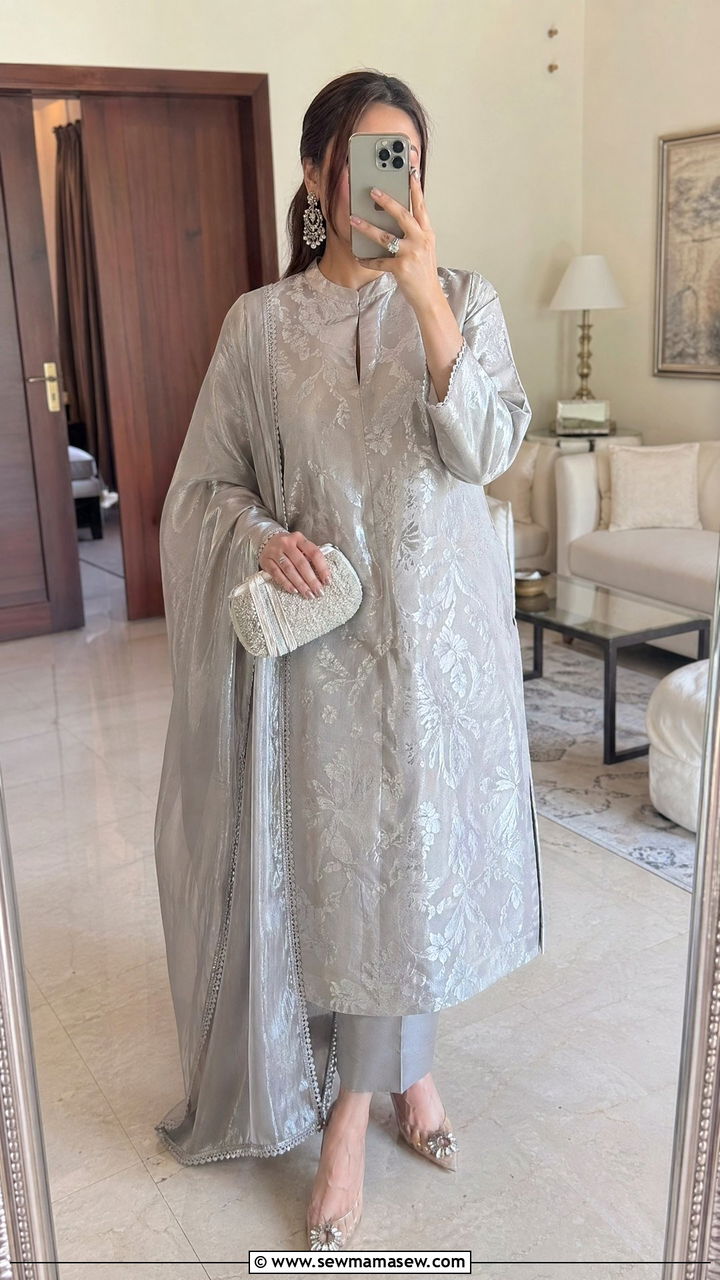 Silver Jacquard 3 Piece with Chandelier Earrings - 35 Eid outfit ideas for moms