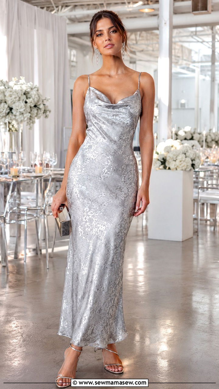 Silver Metallic Jacquard Slip Dress Evening Wedding Guest - 25 Wedding guest outfit ideas jacquard dress