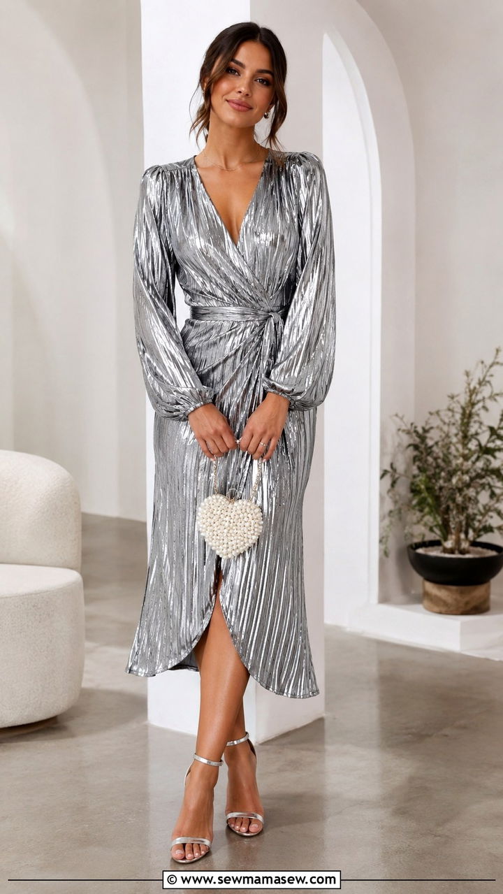 Silver Metallic Pleated Dress With Silver Ankle Strap Heels - 30 celestial outfits 2026