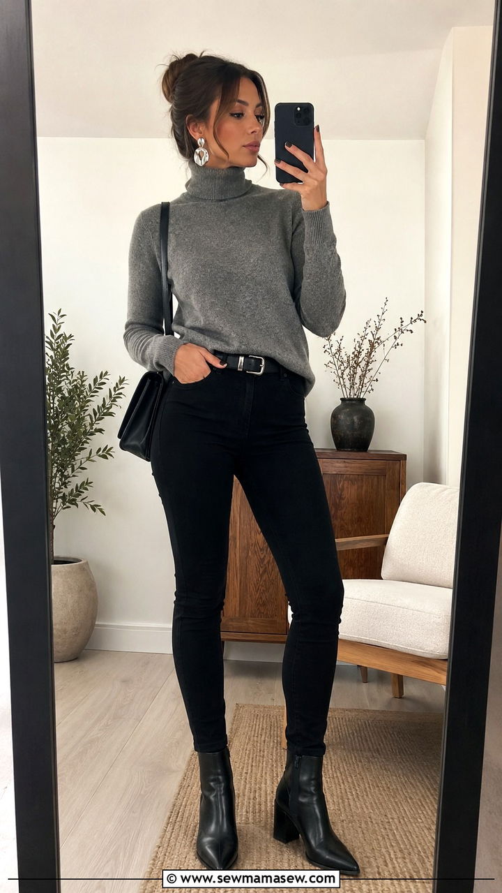 Silver Sculptural Earrings With Gray Turtleneck And Black Skinny Jeans - 30 Statement earrings outfit ideas