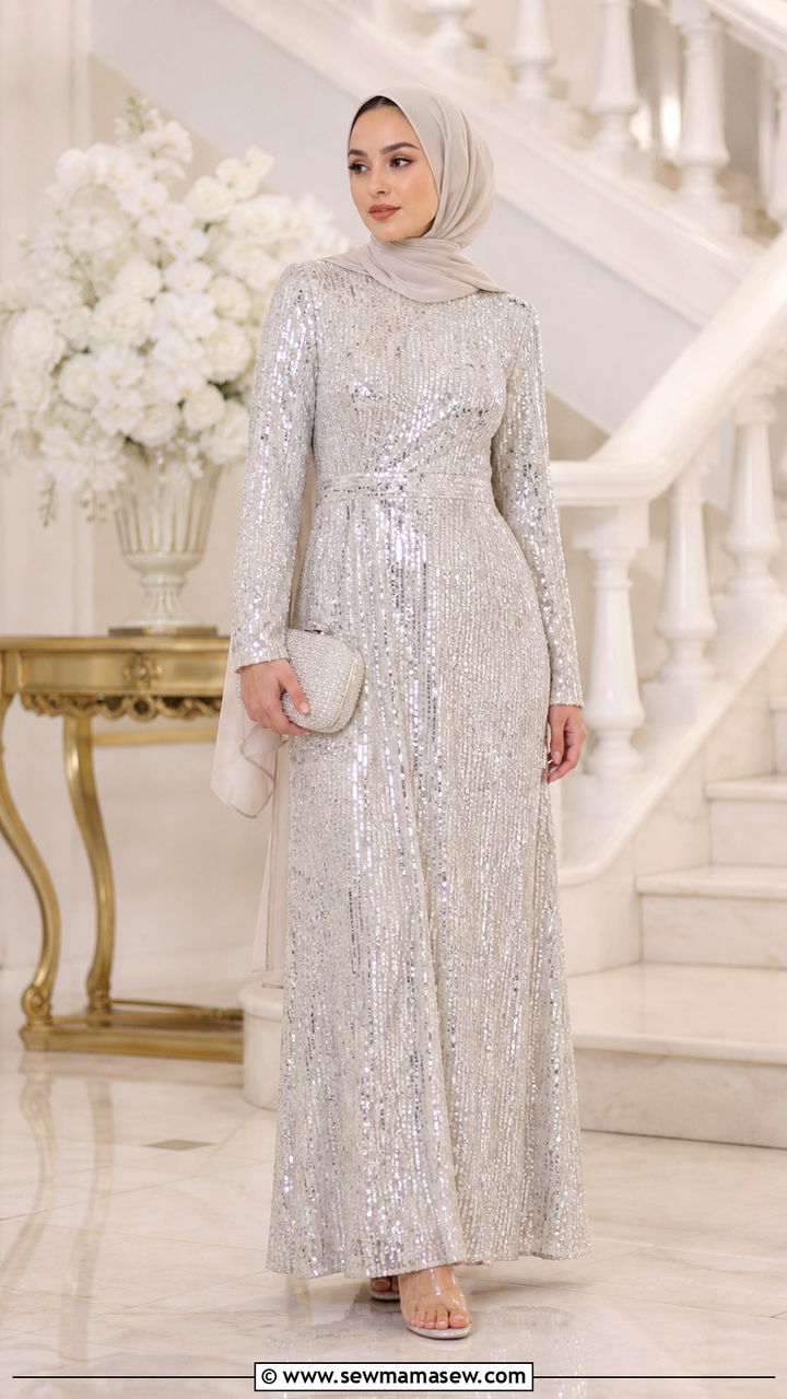 Silver Sequin Embellished Maxi Dress - 40 Eid outfit ideas for women