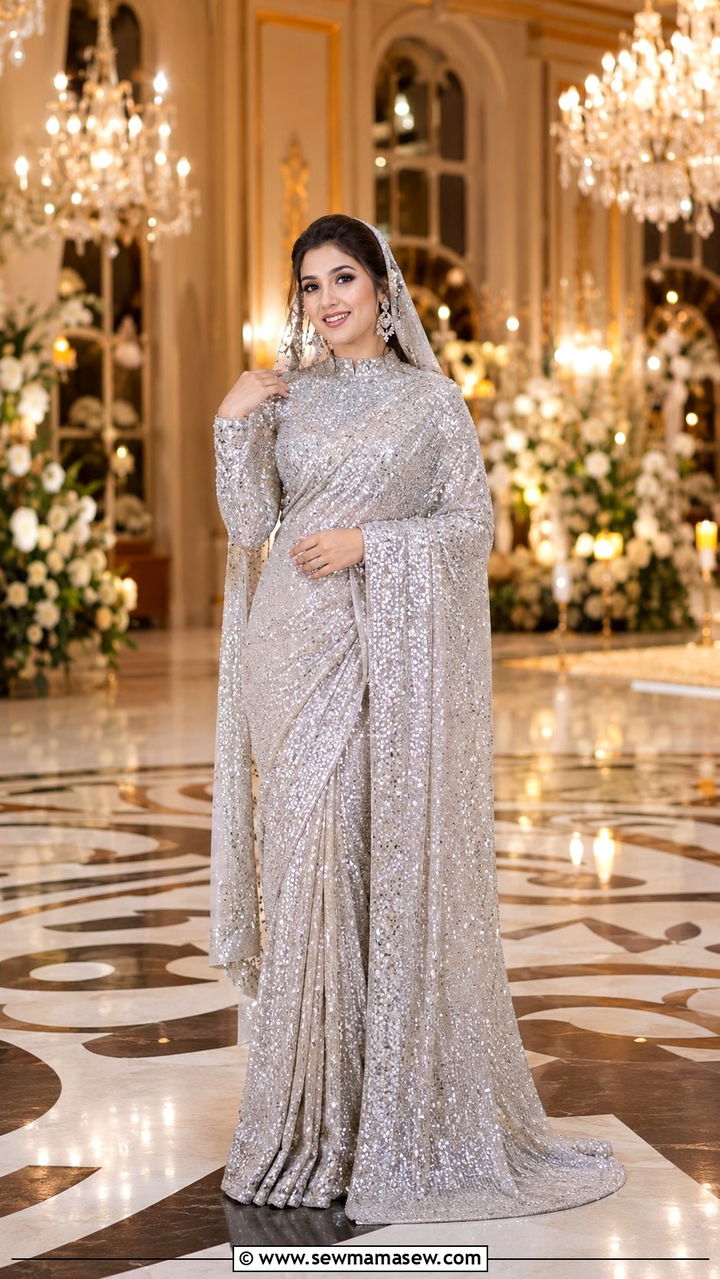 Silver Sequin Saree With Matching Blouse - 25 Modest outfit ideas for Walima