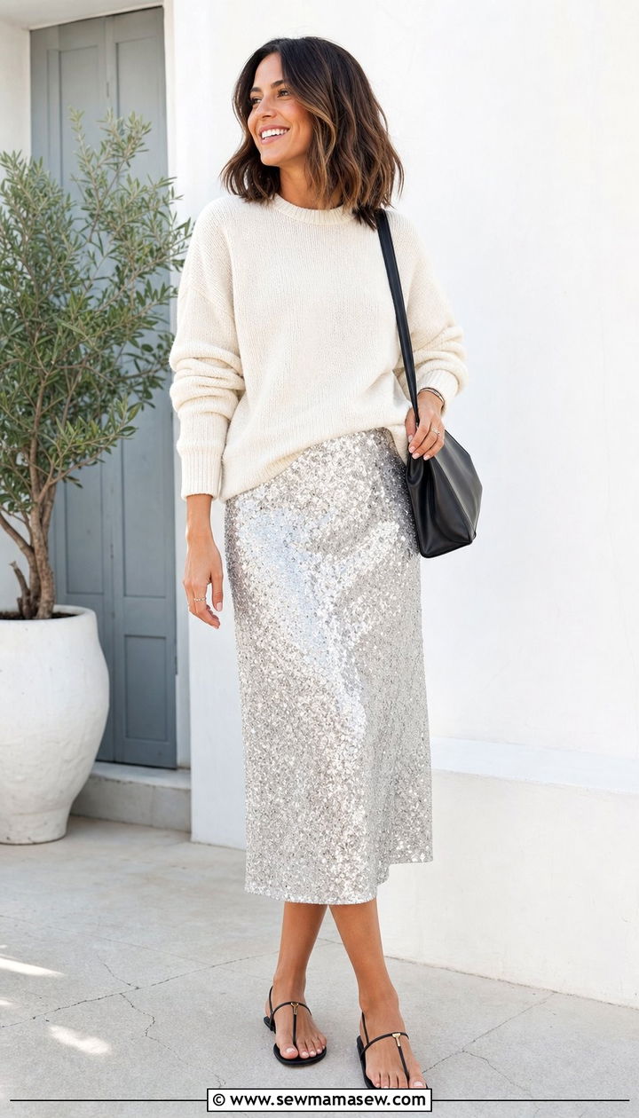 Silver Sequin Skirt with Simple Knit Top - 25 spring summer 2026 outfits trends