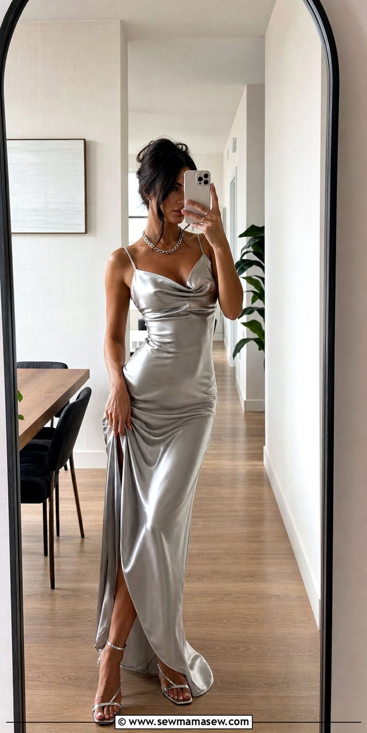 Silver Slip Dress With Delicate Strap Heels - 25 Silver outfit ideas for party