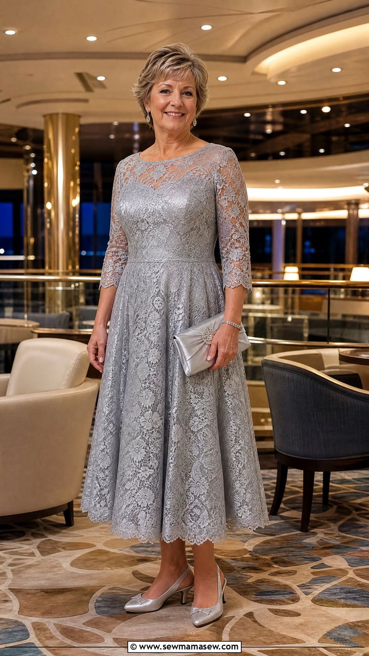 Silver Tea Length Lace Dress with Kitten Heels - 30 Cruise formal night outfit ideas