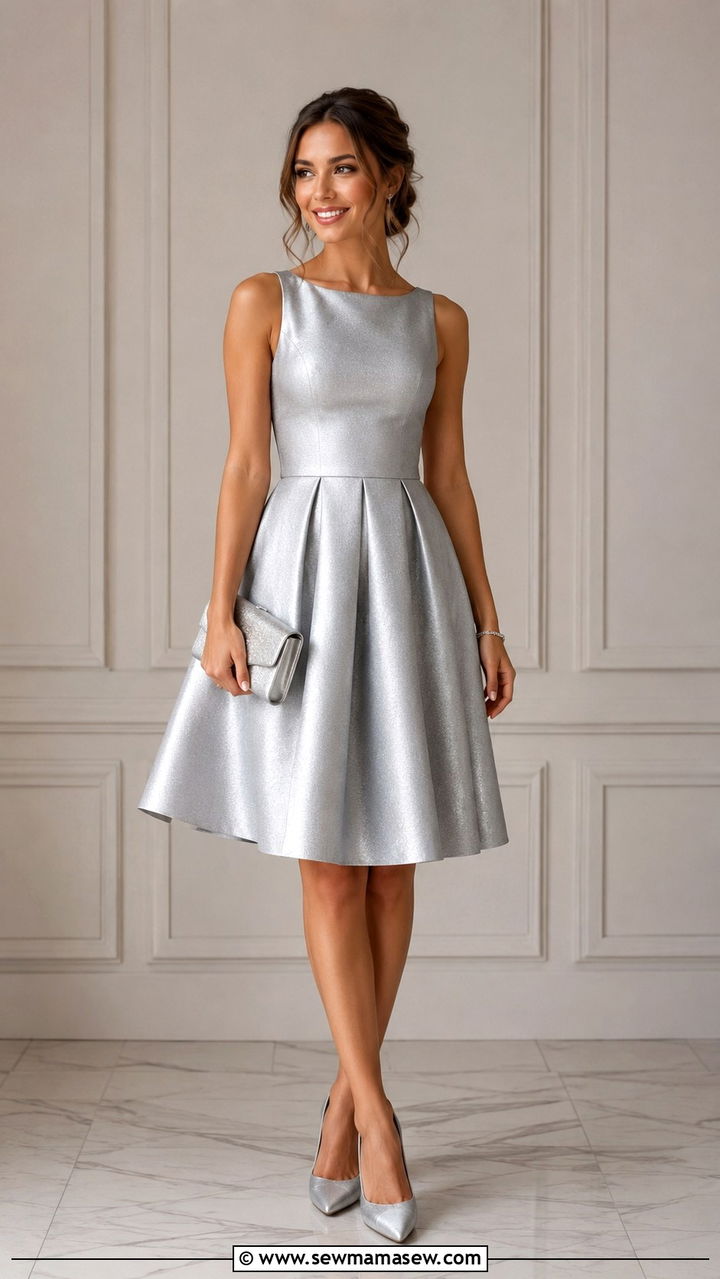 Silver fit and flare dress with silver pump outfit - 20 Wedding guest outfit ideas silver dress