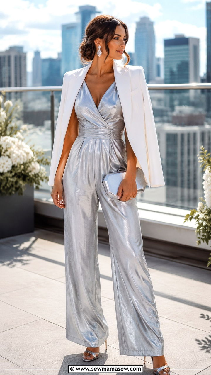 Silver jumpsuit with tailored blazer outfit - 20 Wedding guest outfit ideas silver dress