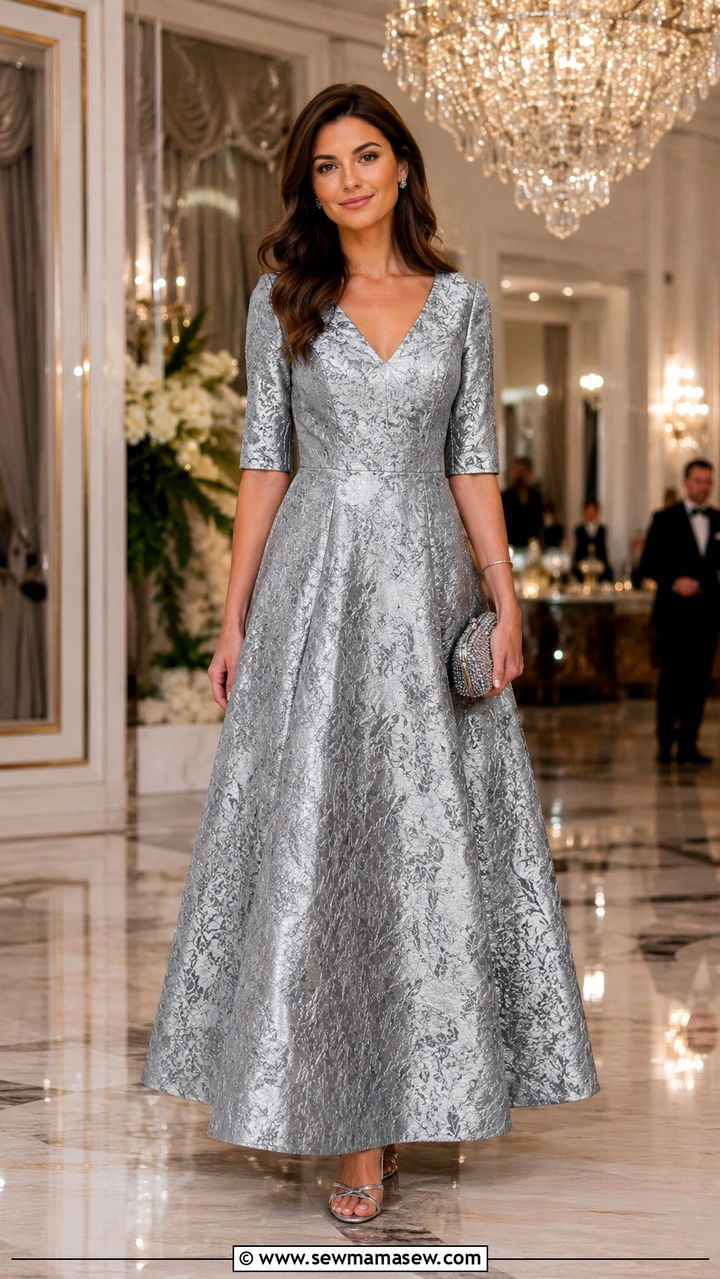 Silver metallic jacquard gown mother of the bride outfit - 25 Wedding guest outfit ideas for mom of the bride