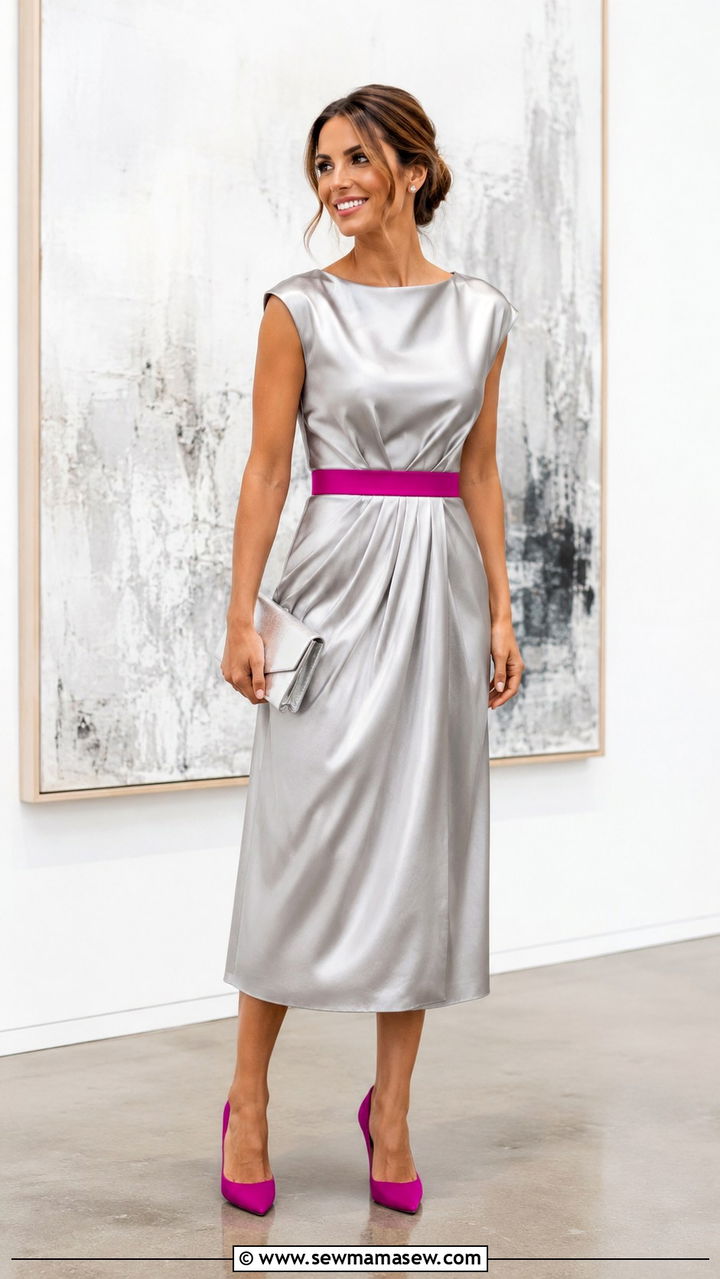 Silver midi dress with colorful belt and heels outfit - 20 Wedding guest outfit ideas silver dress