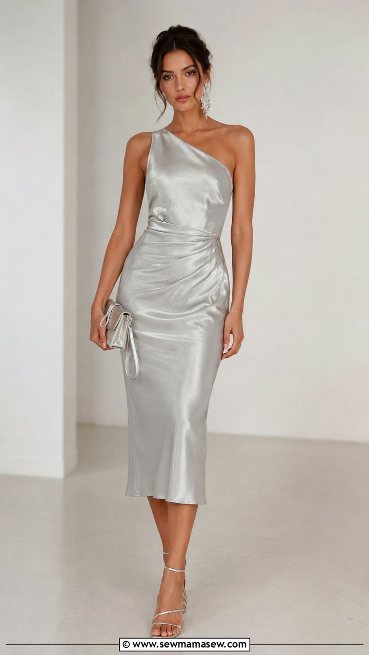 Silver one shoulder dress with asymmetric earrings outfit - 20 Wedding guest outfit ideas silver dress