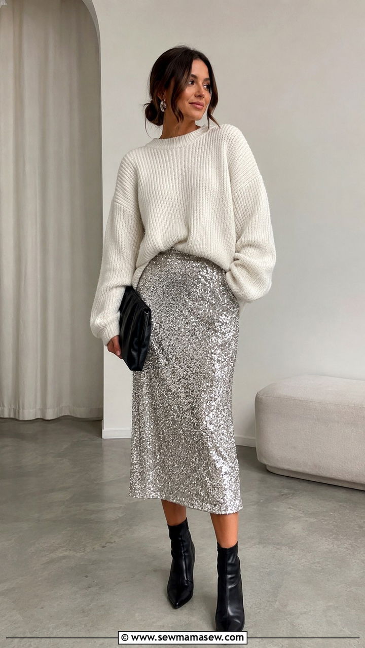 Silver sequin skirt with a knit sweater outfit - 25 Trendy outfits 2026