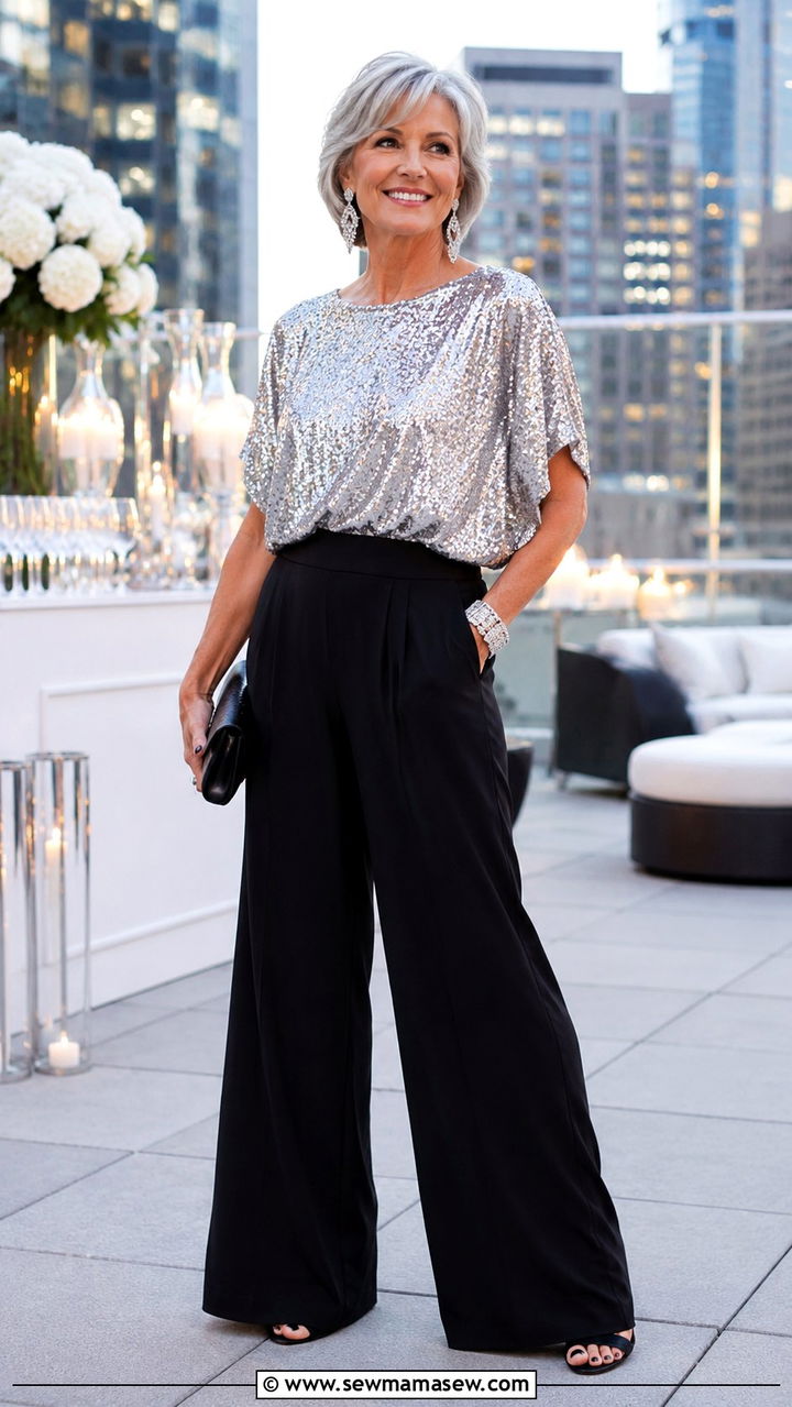 Silver sequin top with black palazzo trousers - 25 Wedding guest outfit ideas for 60 year old
