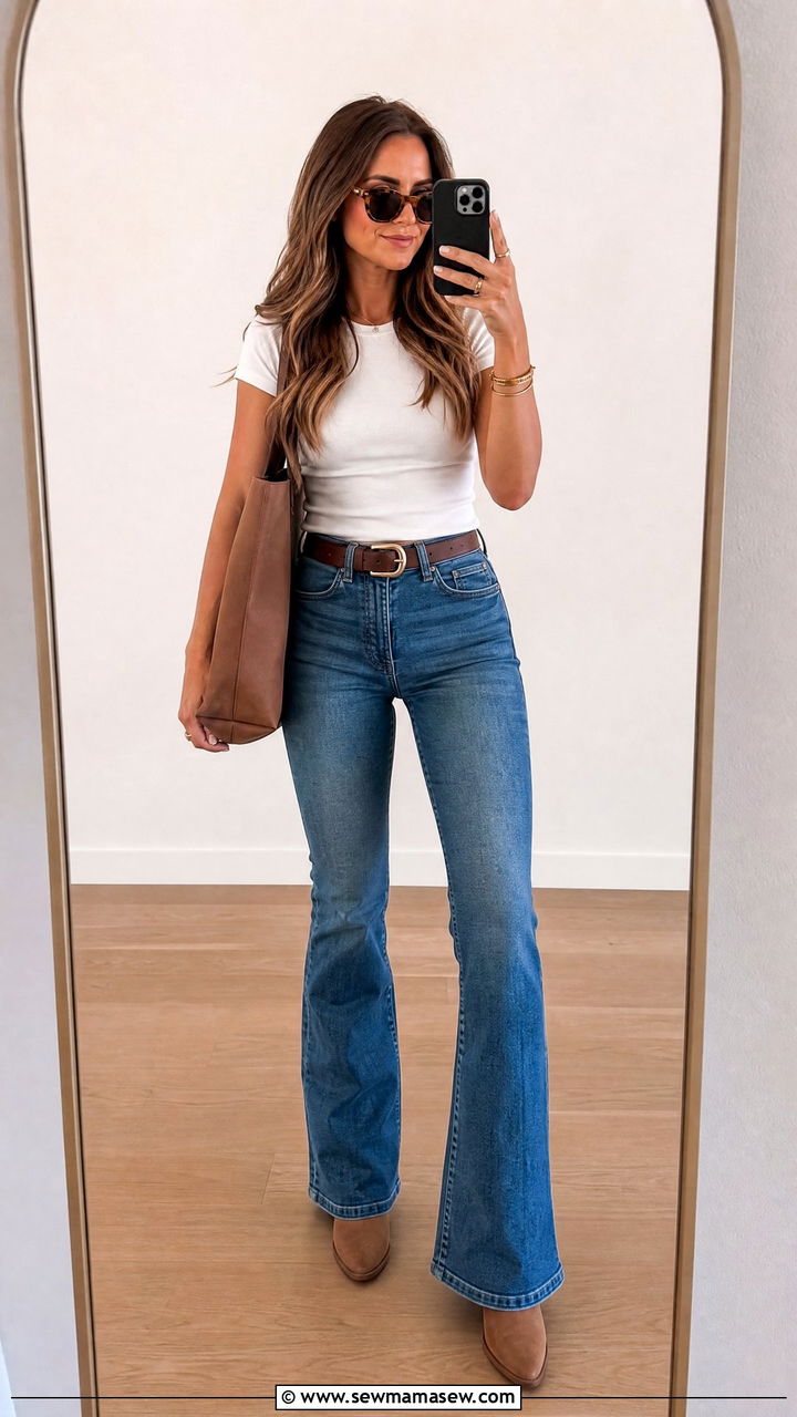 Simple Fitted Tee with Flare Jeans and Western Boots - 30 Flare jeans outfit ideas with boots