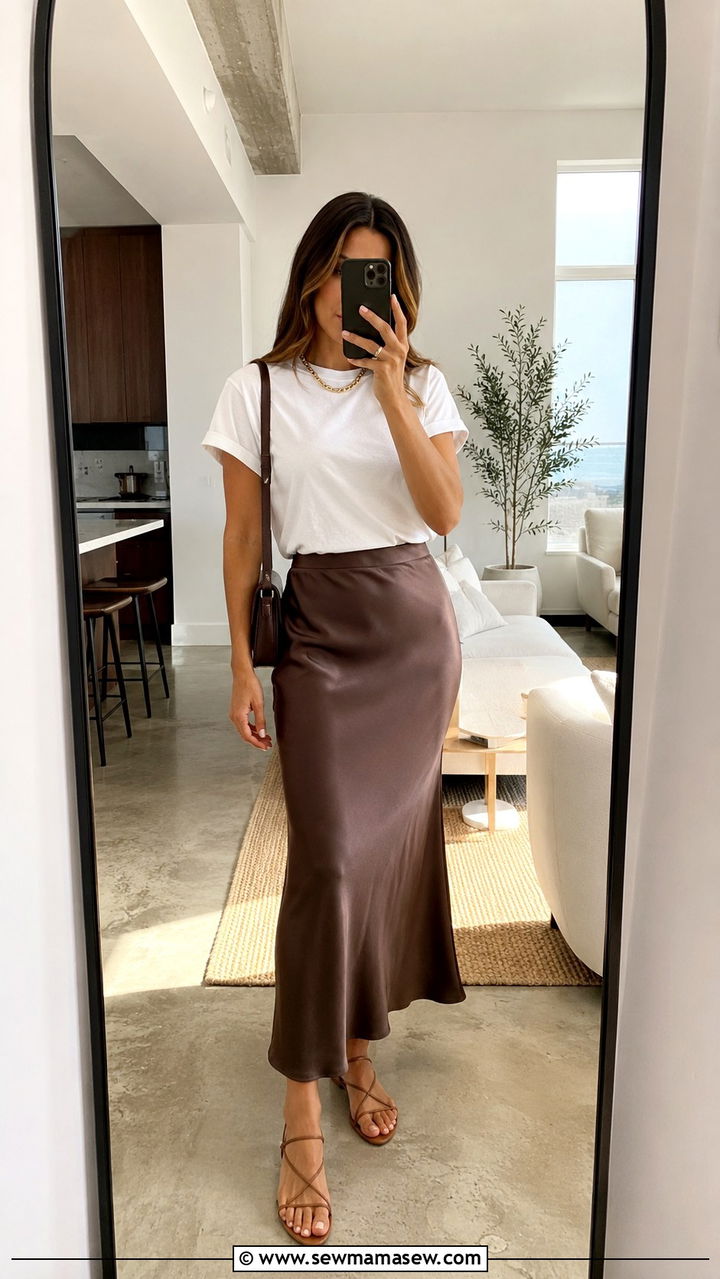 Simple White Tee and Satin Slip Skirt Outfit - 30 midsize outfit ideas for women