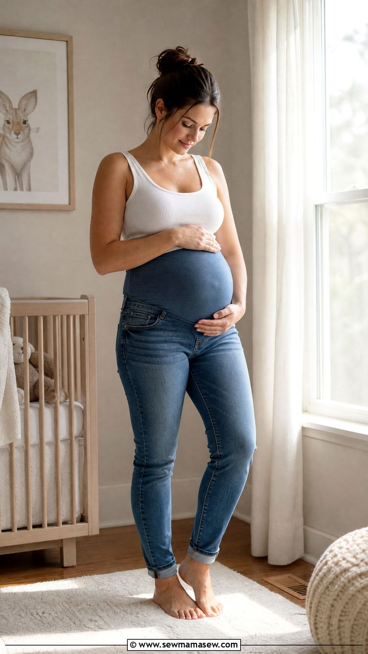 Simple white tank and maternity jeans barefoot at home maternity photo - 25 Maternity photo outfit ideas summer
