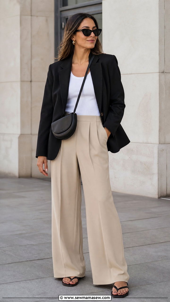 Single Breasted Black Blazer Over White Tank And Relaxed Trousers - 25 Quiet luxury outfit ideas The Row style