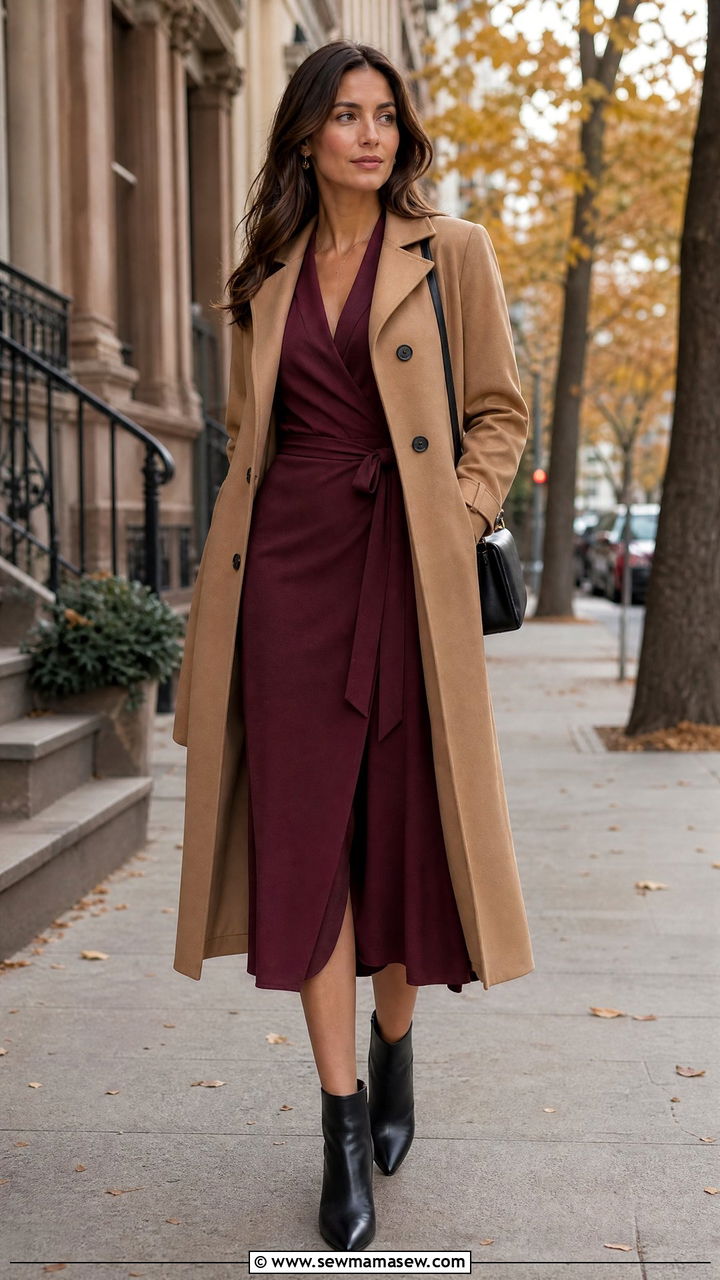Single breasted trench coat over a wrap dress - 25 Flattering outfits for big bust