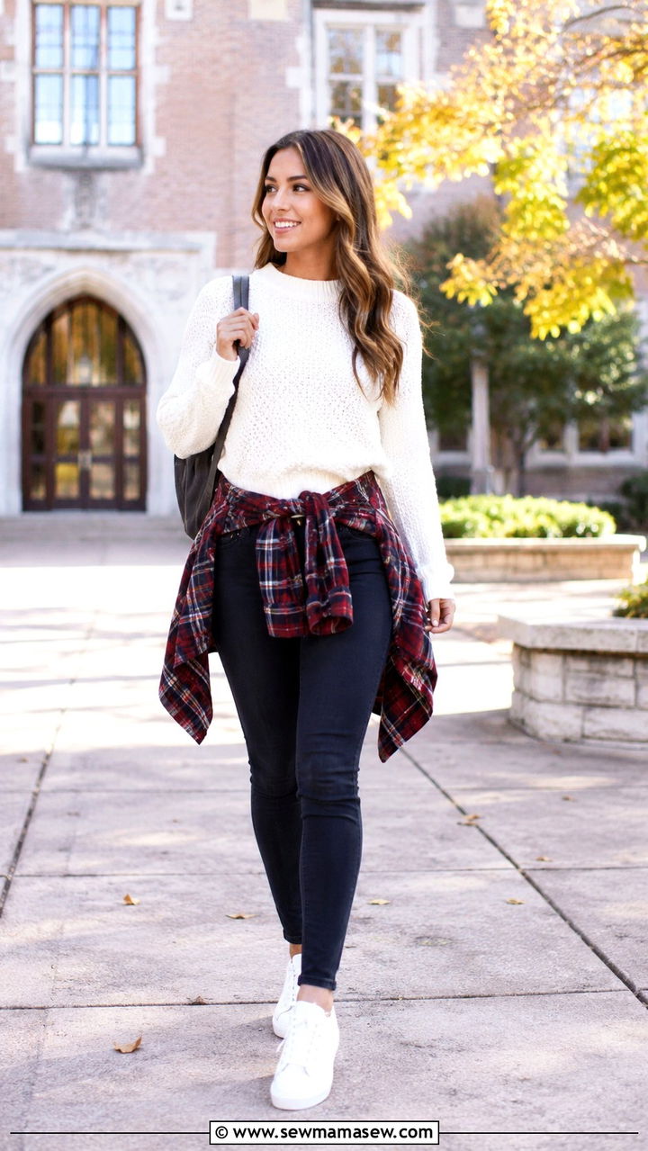 Skinny Jeans With A White Knit Sweater And Plaid Shirt Tied Around The Waist - 30 school outfits Pinterest
