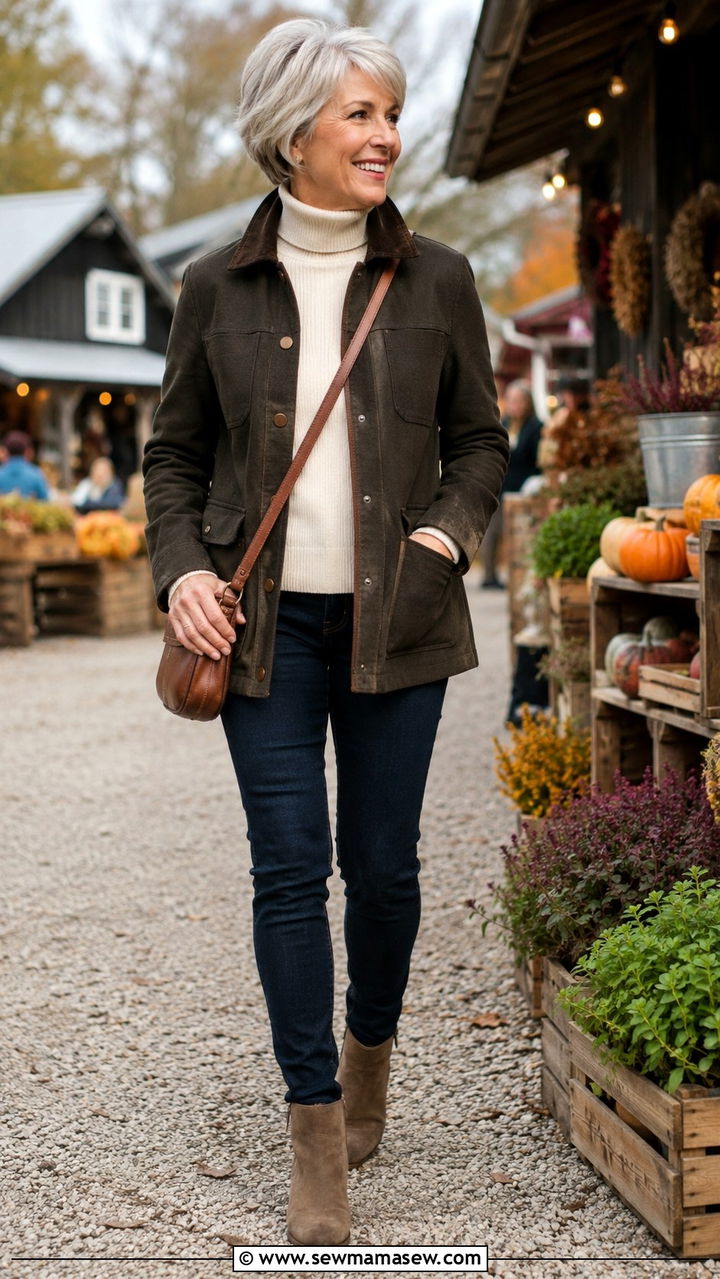 Skinny Jeans With Barn Jacket And Suede Booties - 20 How to style skinny jeans over 60