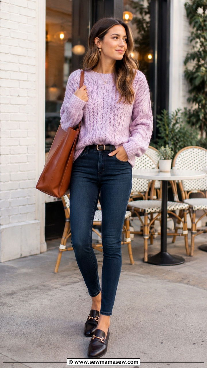 Skinny Jeans With Chunky Knit Sweater and Loafers - 30 Spring outfits with skinny jeans