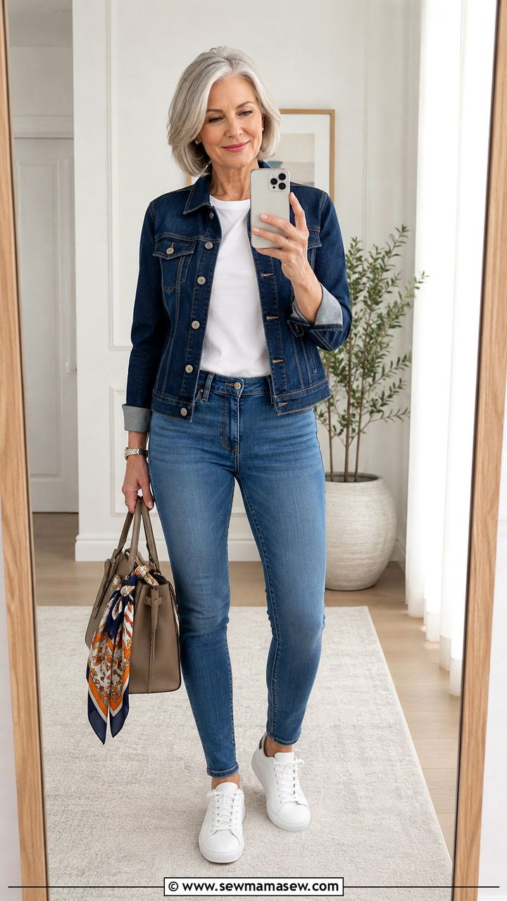 Skinny Jeans With Denim Jacket And White Sneakers - 20 How to style skinny jeans over 60