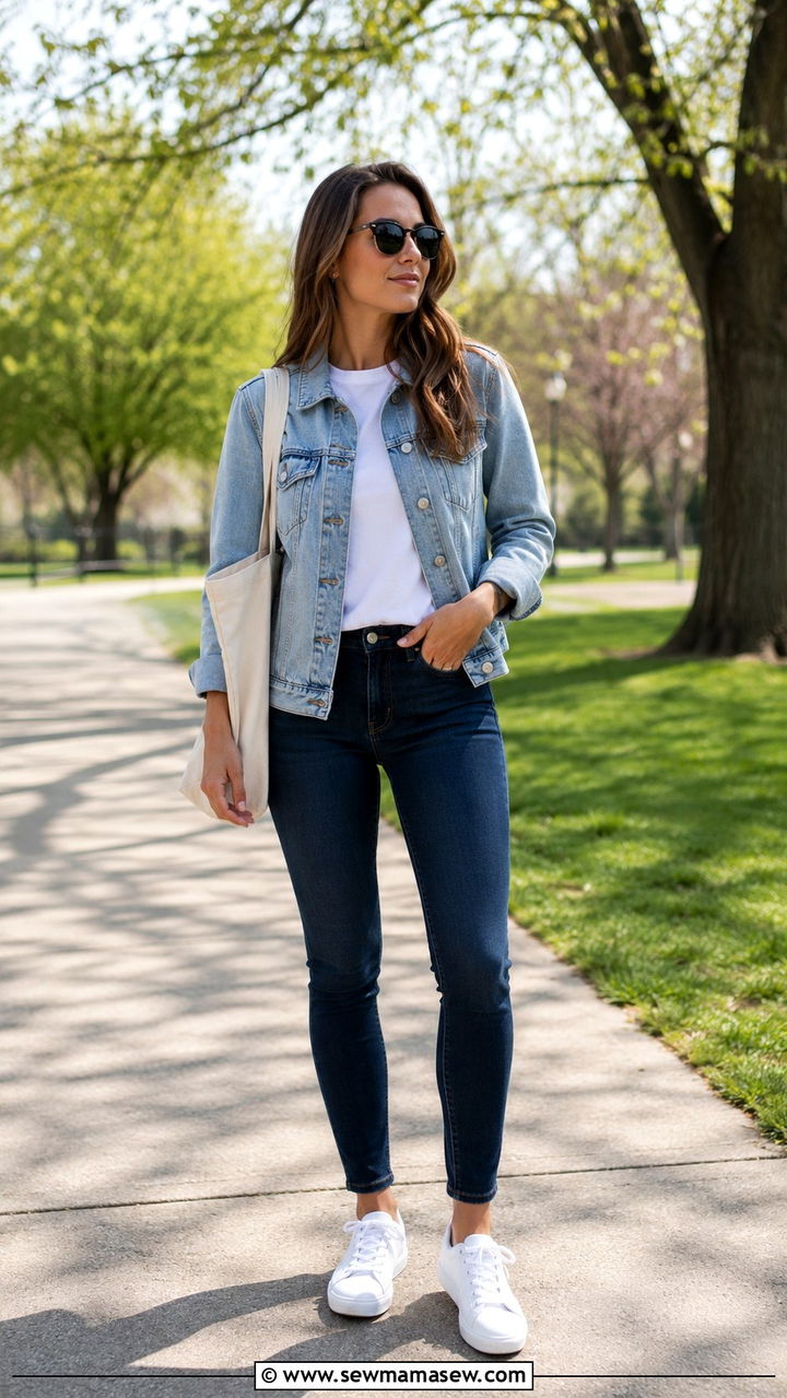 Skinny Jeans With Denim Jacket and White Sneakers - 30 Spring outfits with skinny jeans
