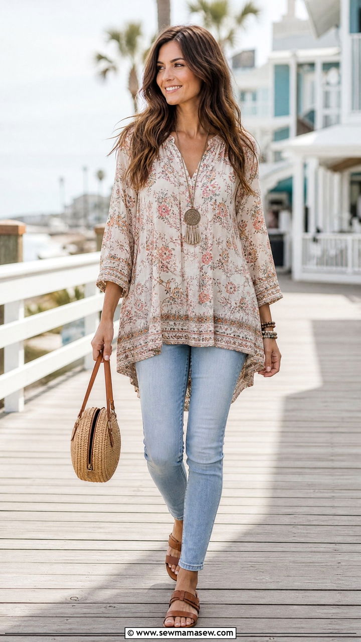 Skinny Jeans With Flowy Tunic and Flat Sandals Outfit - 25 How to style skinny jeans in summer