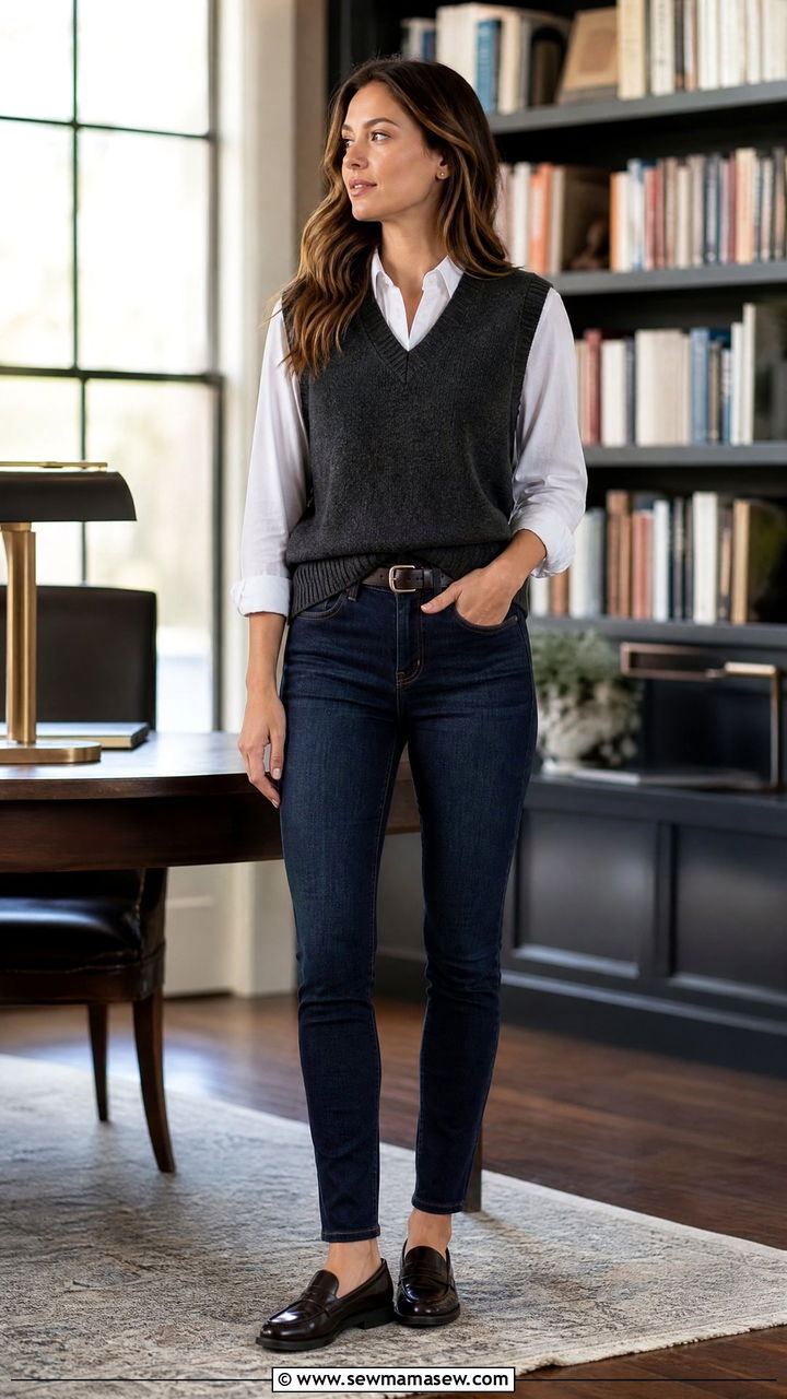 Skinny Jeans With Knit Vest and Penny Loafers - 25 How to style skinny jeans for work