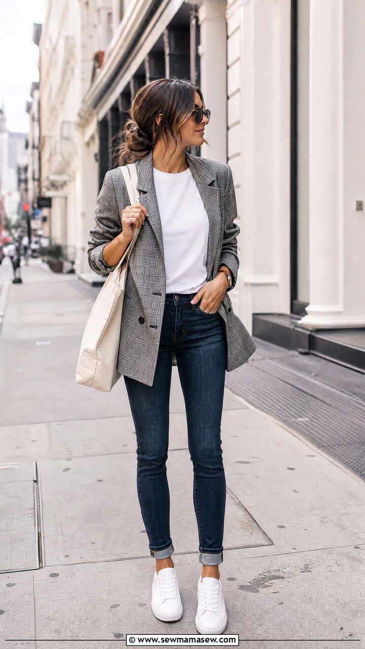 Skinny Jeans With Oversized Blazer and White Sneakers for Casual Friday - 25 How to style skinny jeans for work