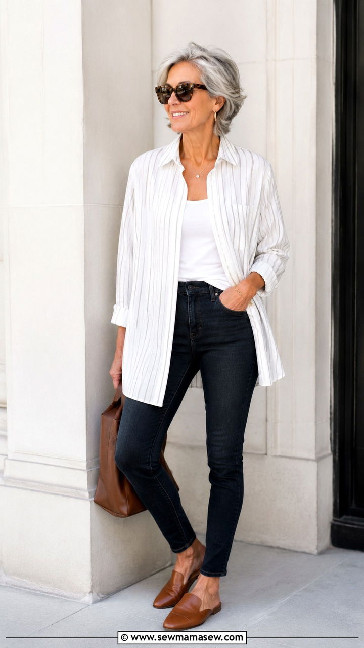 Skinny Jeans With Oversized Button Down Shirt And Leather Mules - 20 How to style skinny jeans over 60