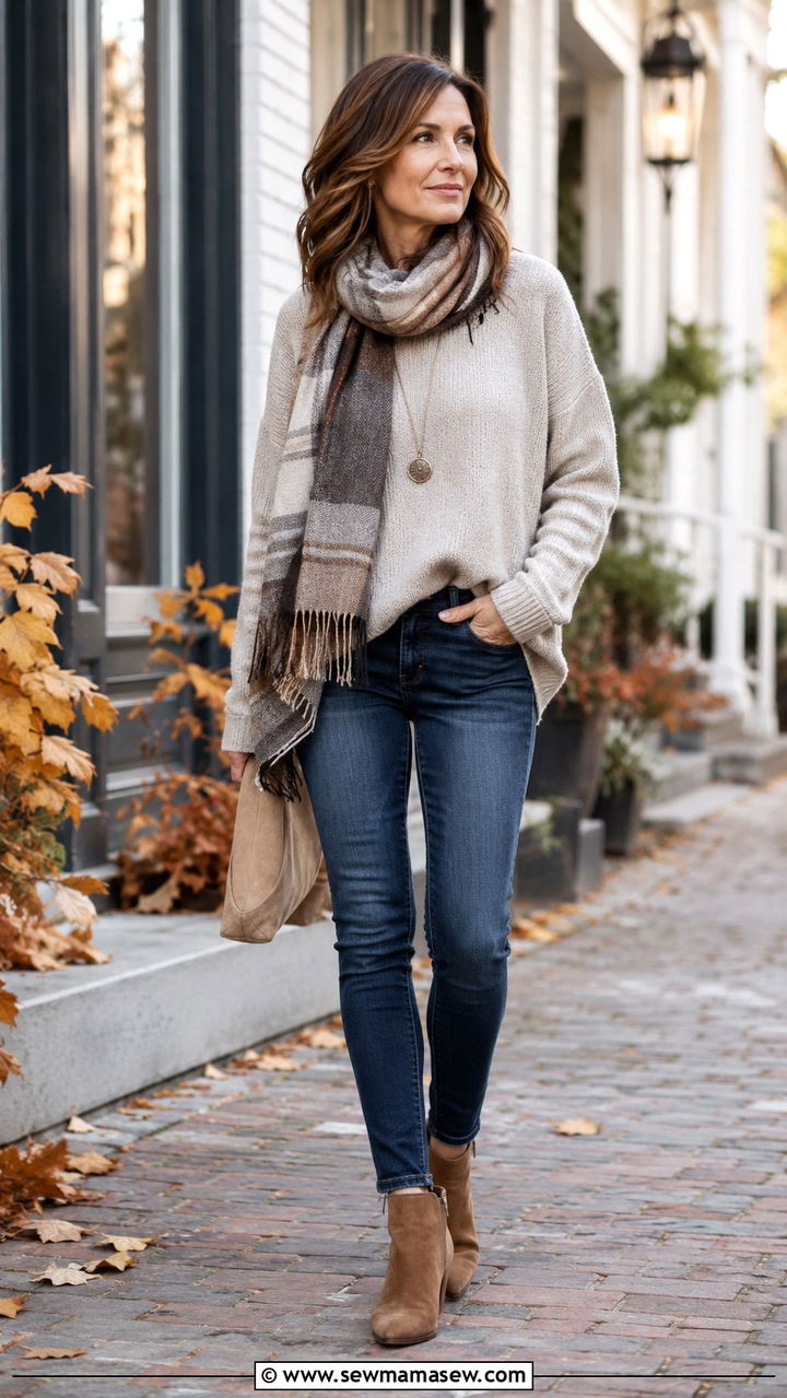 Skinny Jeans With Oversized Sweater and Ankle Boots - 20 How to style skinny jeans over 40