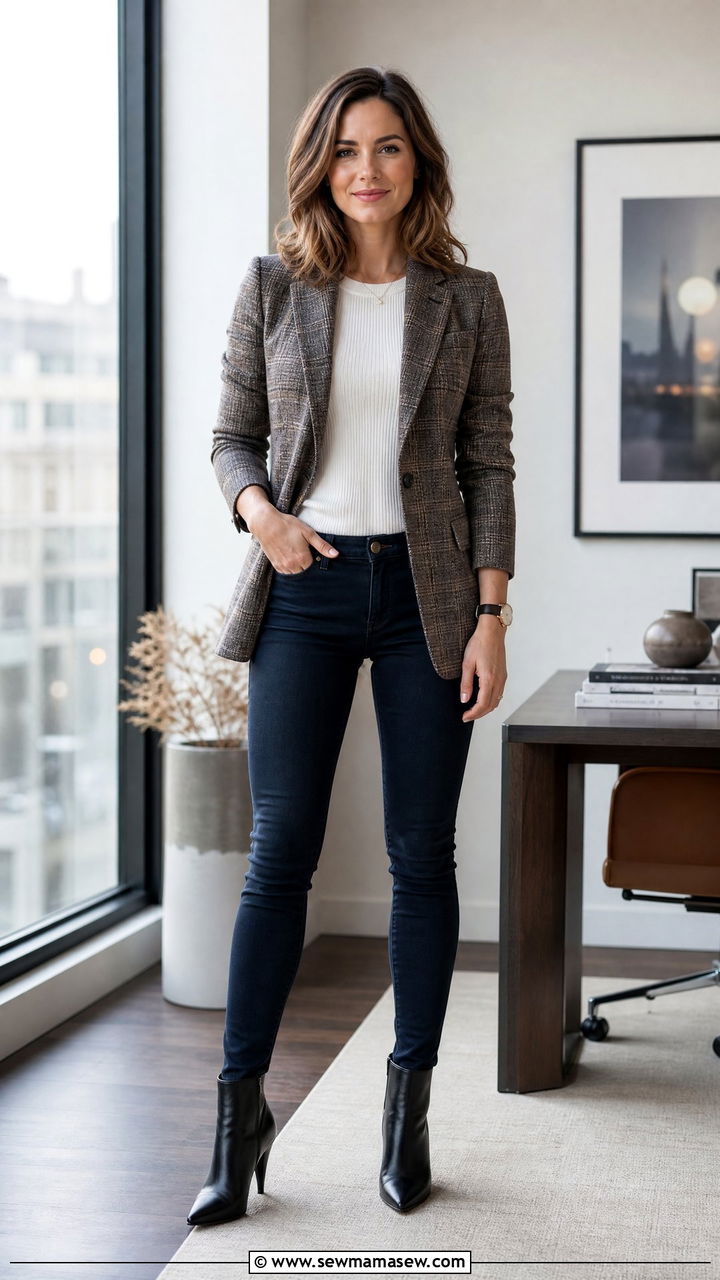 Skinny Jeans With Plaid Blazer and Leather Ankle Boots - 25 How to style skinny jeans for work