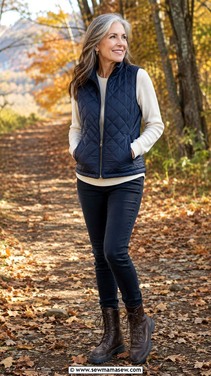 Skinny Jeans With Quilted Vest And Lug Sole Boots - 20 How to style skinny jeans over 60