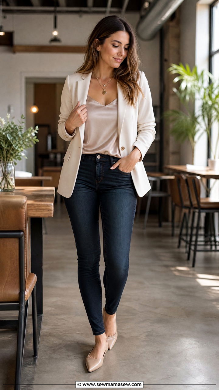 Skinny Jeans With Satin Camisole and Structured Blazer - 25 How to style skinny jeans for work