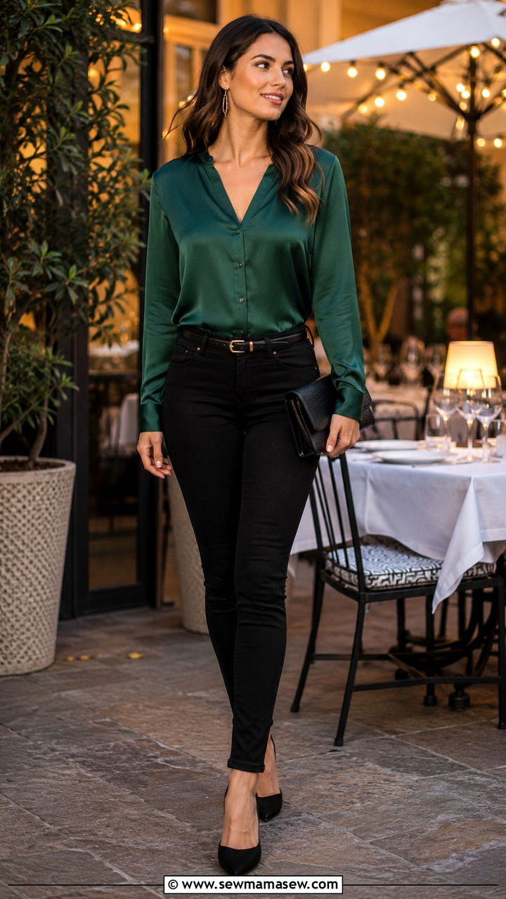 Skinny Jeans With Silk Blouse and Pointed Toe Heels - 30 Spring outfits with skinny jeans