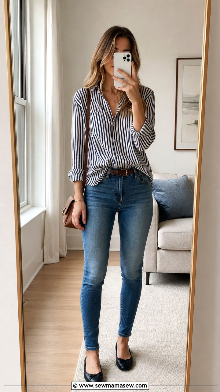 Skinny Jeans With Striped Button Down Shirt - 30 Spring outfits with skinny jeans