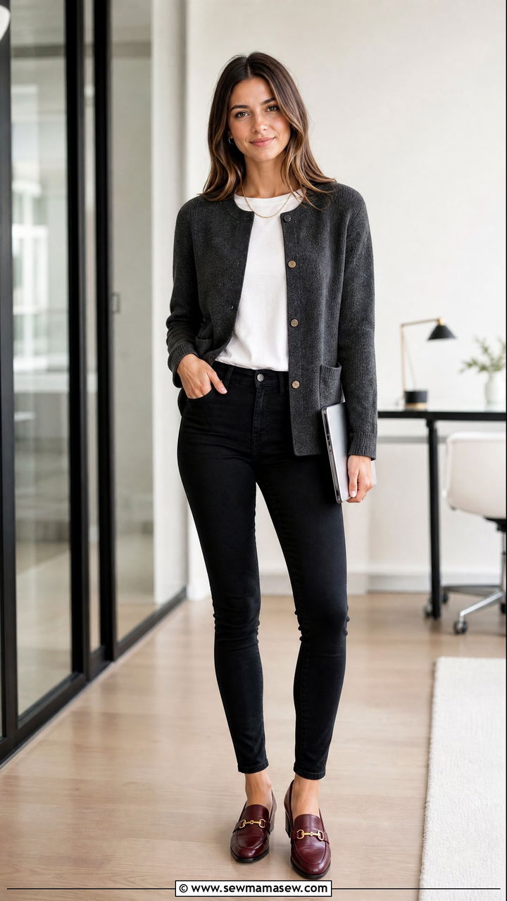 Skinny Jeans With Sweater Blazer and Horsebit Loafers - 25 How to style skinny jeans for work