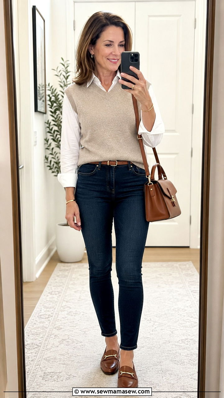 Skinny Jeans With Sweater Vest and Loafers - 20 How to style skinny jeans over 40