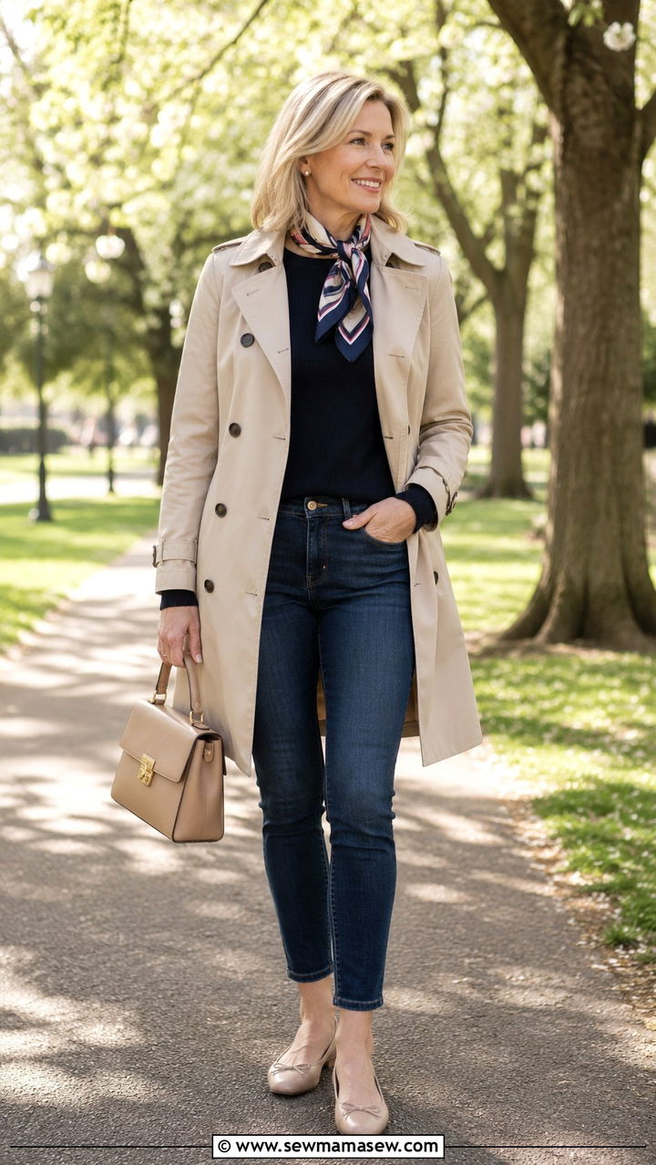 Skinny Jeans With Trench Coat and Ballet Flats - 20 How to style skinny jeans over 40